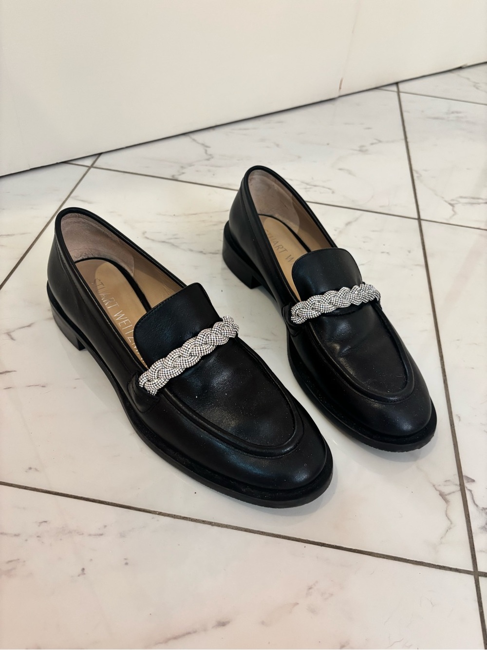 Stuart Weitzman 8.5 Black Leather Loafers with Silver Braided Accent worn twice